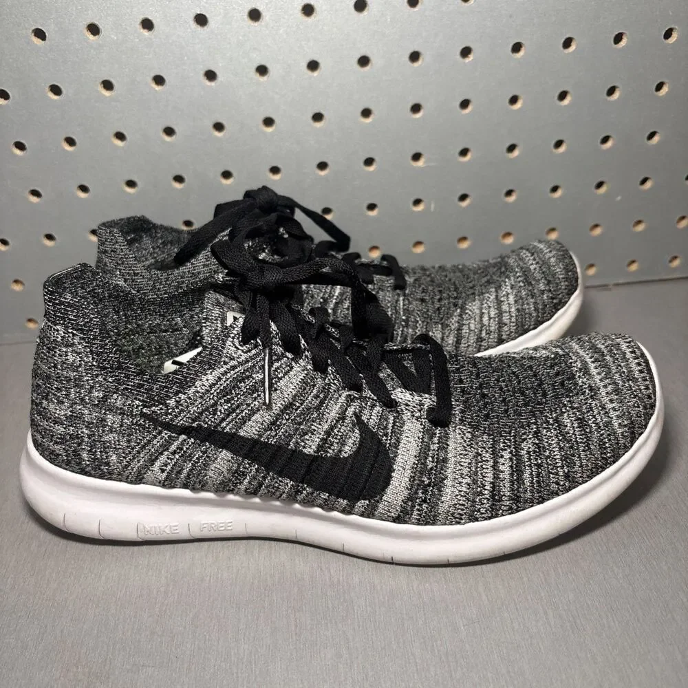 Nike Free RN Flyknit Running Shoes Mens Sz 6 Womens Sz 7.5 Black White Oreo